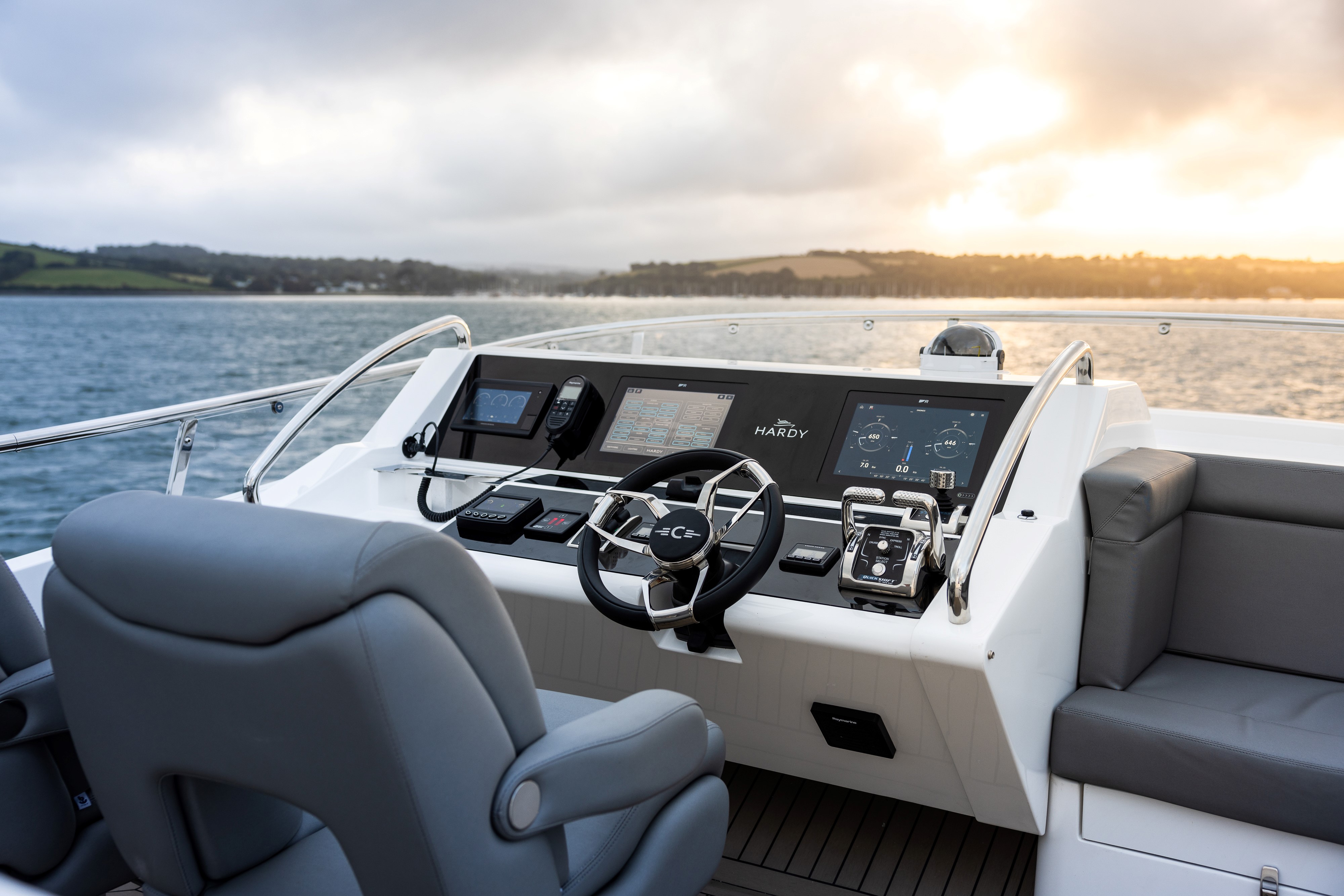 The flybridge helm console on the Hardy 50DS