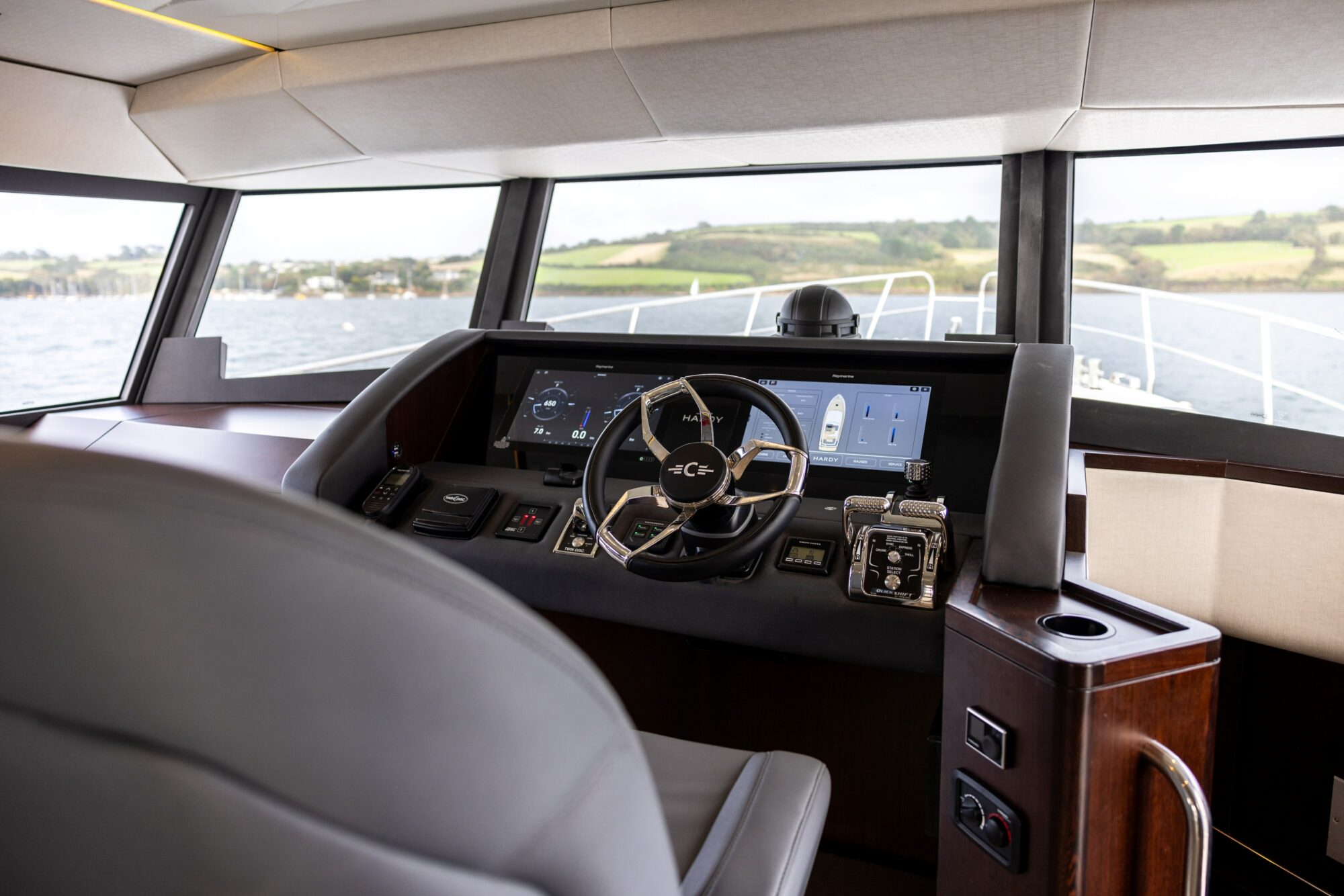 The interior helm console on the Hardy 50DS.
